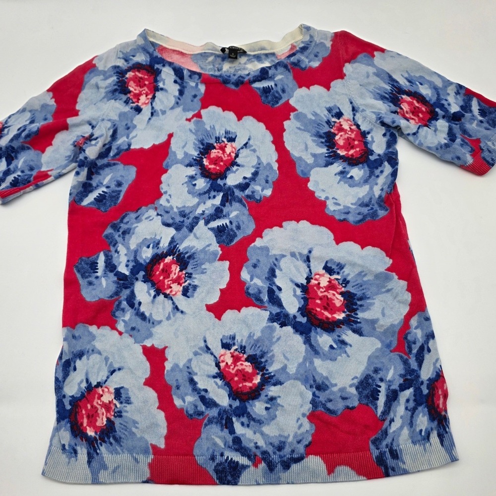 Business Casual Floral Knit Top Women Small Red Blue Elbow Sleeve Boat Neck